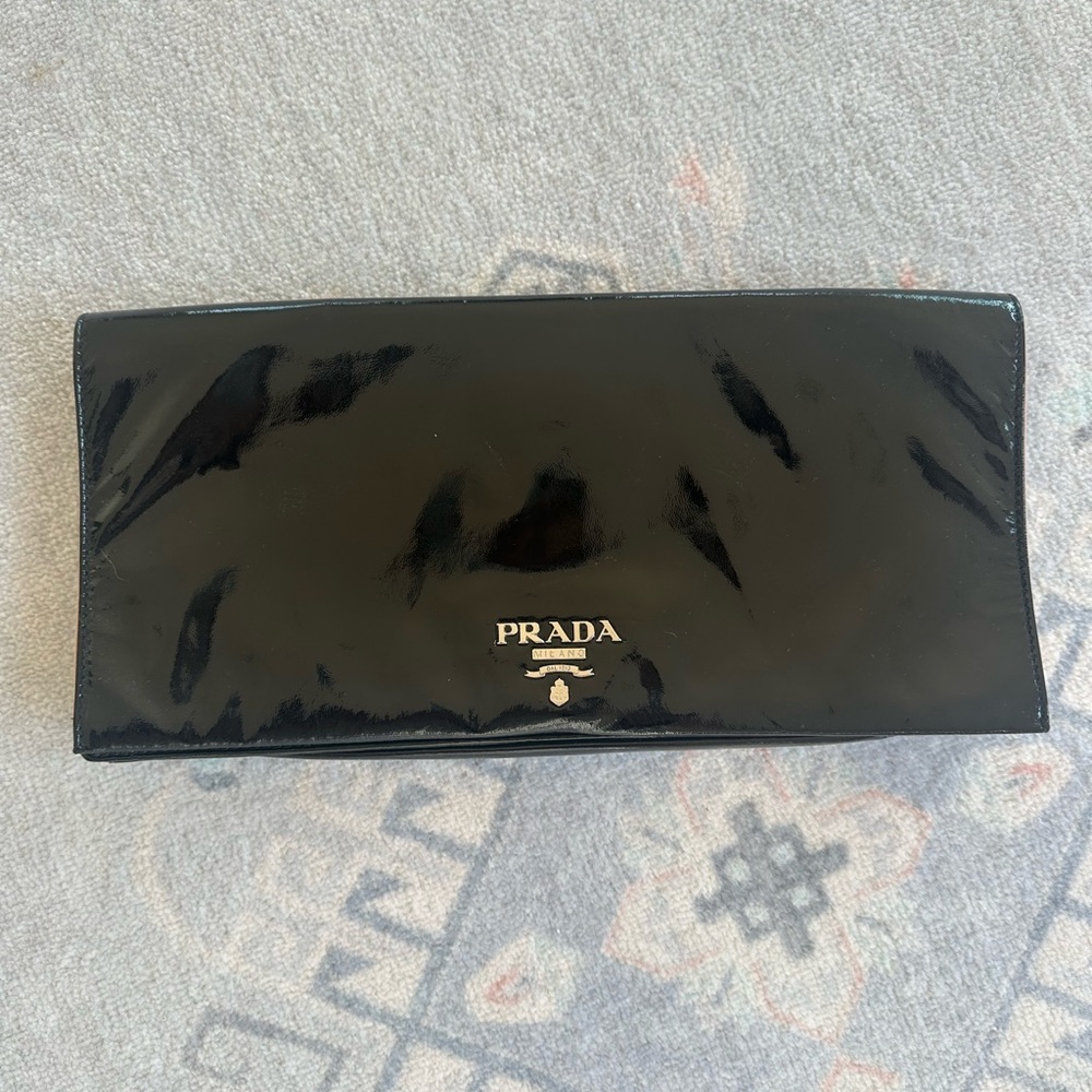 Prada Glossy Black Leather Flap Clutch